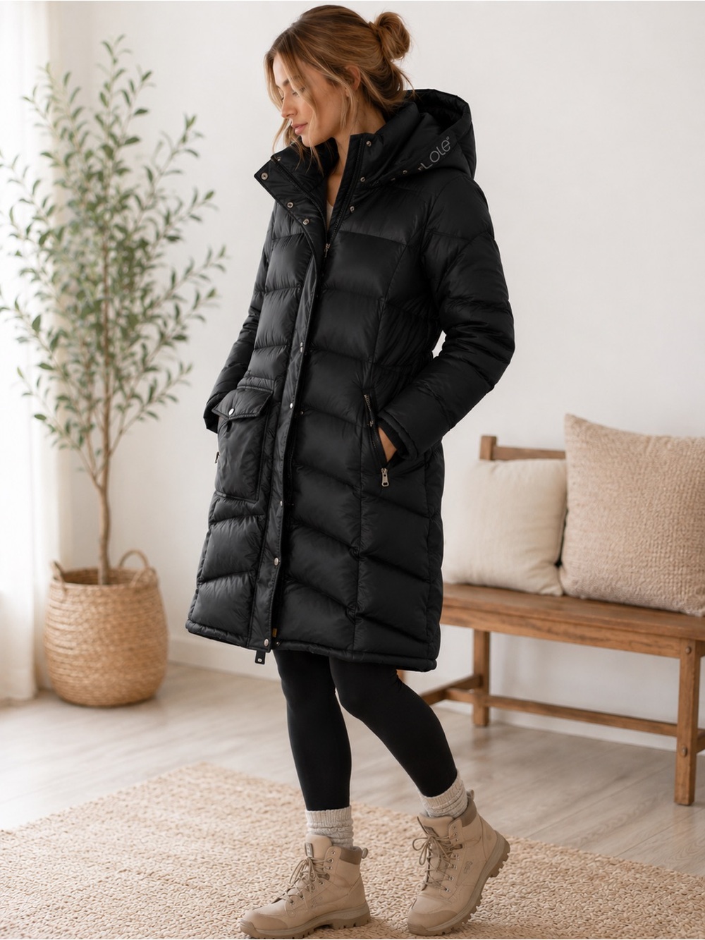 Lole Emmy Down Puffer Jacket Black Med. 8-10 Long Hooded 600 Fill DWR Winter